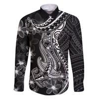Black Polynesia Family Matching Tank Maxi Dress and Hawaiian Shirt Shark Tattoo With Polynesian Plumeria LT14 Dad's Shirt - Long Sleeve Black - Polynesian Pride