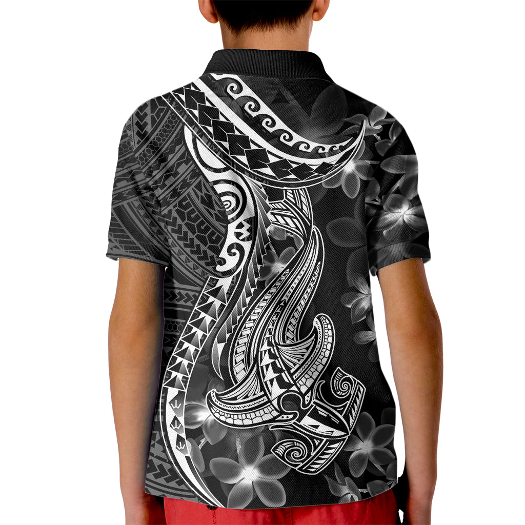Black Polynesia Kid Polo Shirt Shark Tattoo With Polynesian Plumeria LT14 - Polynesian Pride
