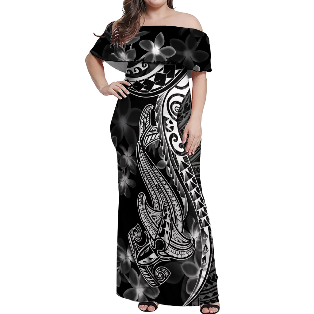 Black Polynesia Off Shoulder Maxi Dress Shark Tattoo With Polynesian Plumeria LT14 Women Black - Polynesian Pride