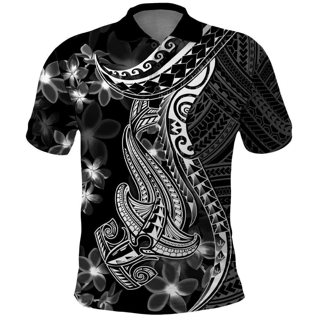 Black Polynesia Polo Shirt Shark Tattoo With Polynesian Plumeria LT14 Black - Polynesian Pride