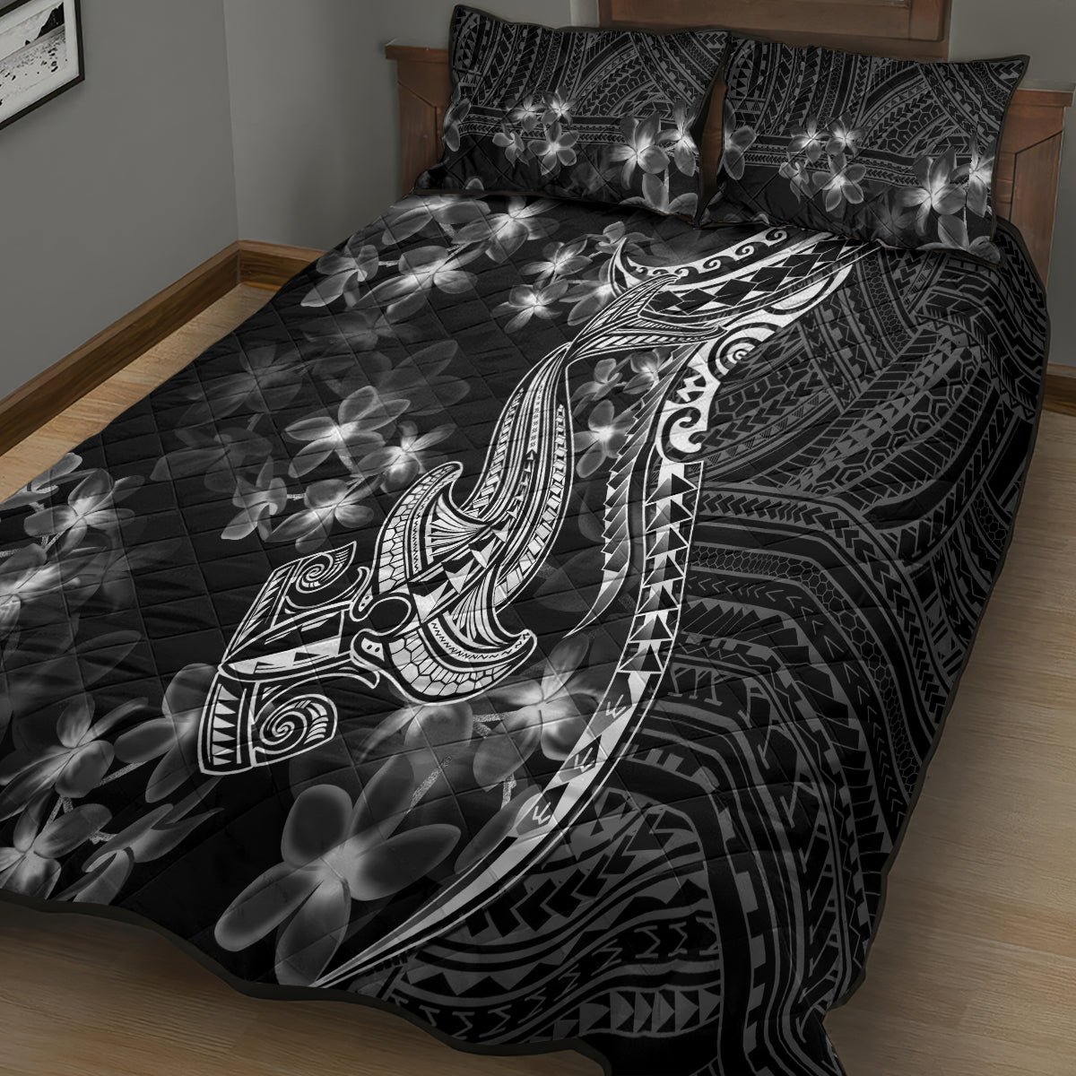 Black Polynesia Quilt Bed Set Shark Tattoo With Polynesian Plumeria LT14 - Polynesian Pride