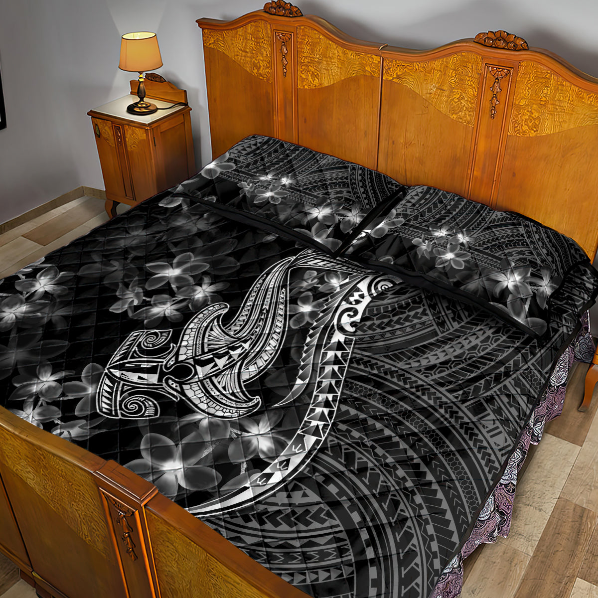 Black Polynesia Quilt Bed Set Shark Tattoo With Polynesian Plumeria LT14 - Polynesian Pride