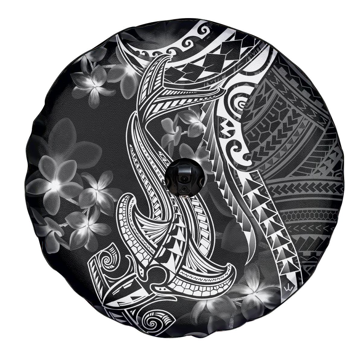 Black Polynesia Spare Tire Cover Shark Tattoo With Polynesian Plumeria LT14 - Polynesian Pride