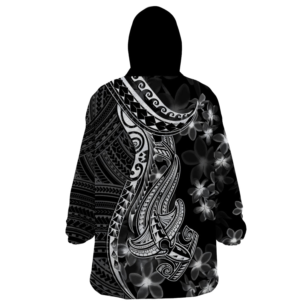 Black Polynesia Wearable Blanket Hoodie Shark Tattoo With Polynesian Plumeria LT14 - Polynesian Pride