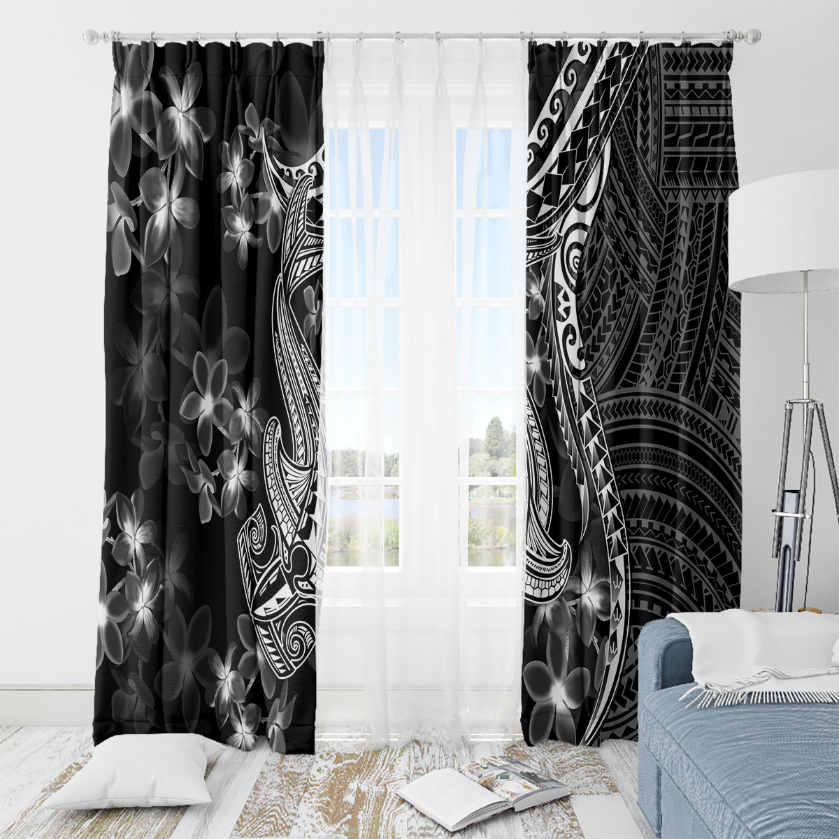 Black Polynesia Window Curtain Shark Tattoo With Polynesian Plumeria LT14 - Polynesian Pride