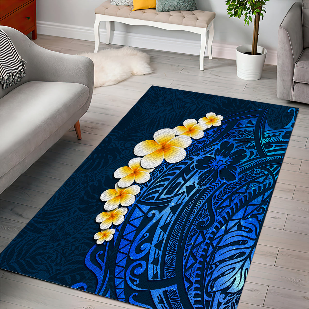 Blue Polynesia Area Rug Plumeria Tropical Leaves With Galaxy Polynesian Art LT14 - Polynesian Pride