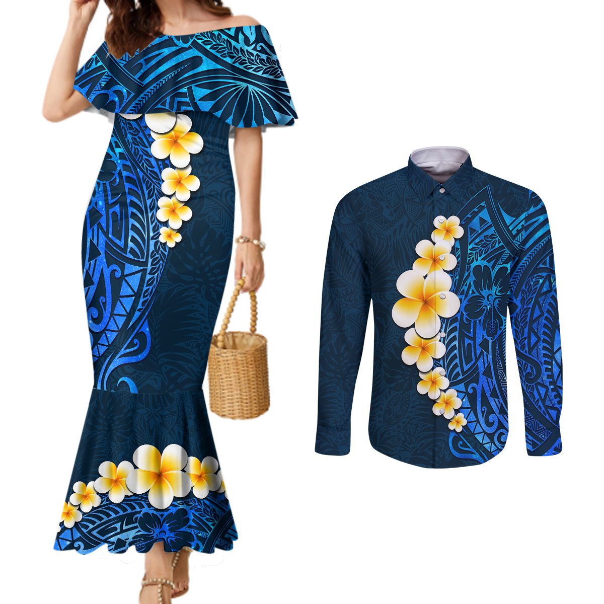 Blue Polynesia Couples Matching Mermaid Dress and Long Sleeve Button Shirt Plumeria Tropical Leaves With Galaxy Polynesian Art LT14 Blue - Polynesian Pride
