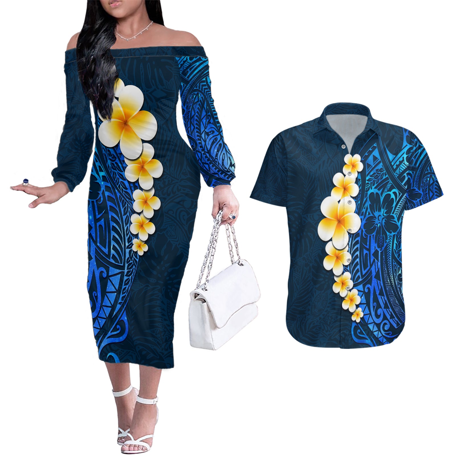 Blue Polynesia Couples Matching Off The Shoulder Long Sleeve Dress and Hawaiian Shirt Plumeria Tropical Leaves With Galaxy Polynesian Art LT14 Blue - Polynesian Pride