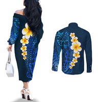 Blue Polynesia Couples Matching Off The Shoulder Long Sleeve Dress and Long Sleeve Button Shirt Plumeria Tropical Leaves With Galaxy Polynesian Art LT14 - Polynesian Pride