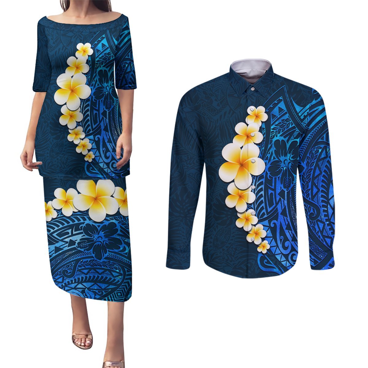 Blue Polynesia Couples Matching Puletasi Dress and Long Sleeve Button Shirt Plumeria Tropical Leaves With Galaxy Polynesian Art LT14 Blue - Polynesian Pride