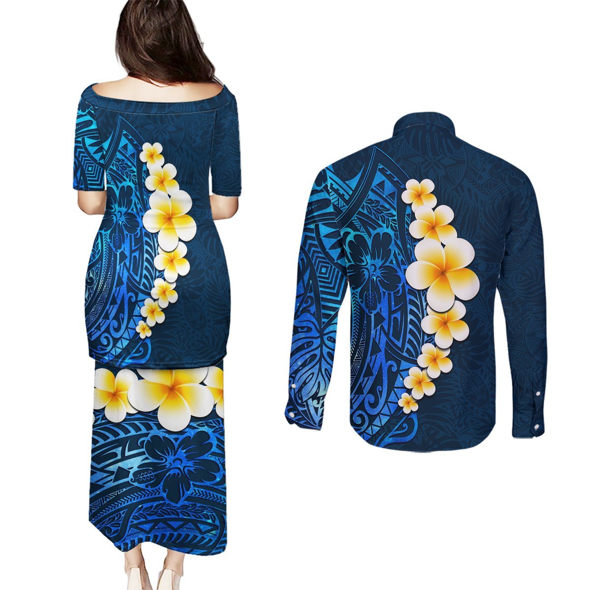 Blue Polynesia Couples Matching Puletasi Dress and Long Sleeve Button Shirt Plumeria Tropical Leaves With Galaxy Polynesian Art LT14 - Polynesian Pride