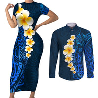Blue Polynesia Couples Matching Short Sleeve Bodycon Dress and Long Sleeve Button Shirt Plumeria Tropical Leaves With Galaxy Polynesian Art LT14 Blue - Polynesian Pride