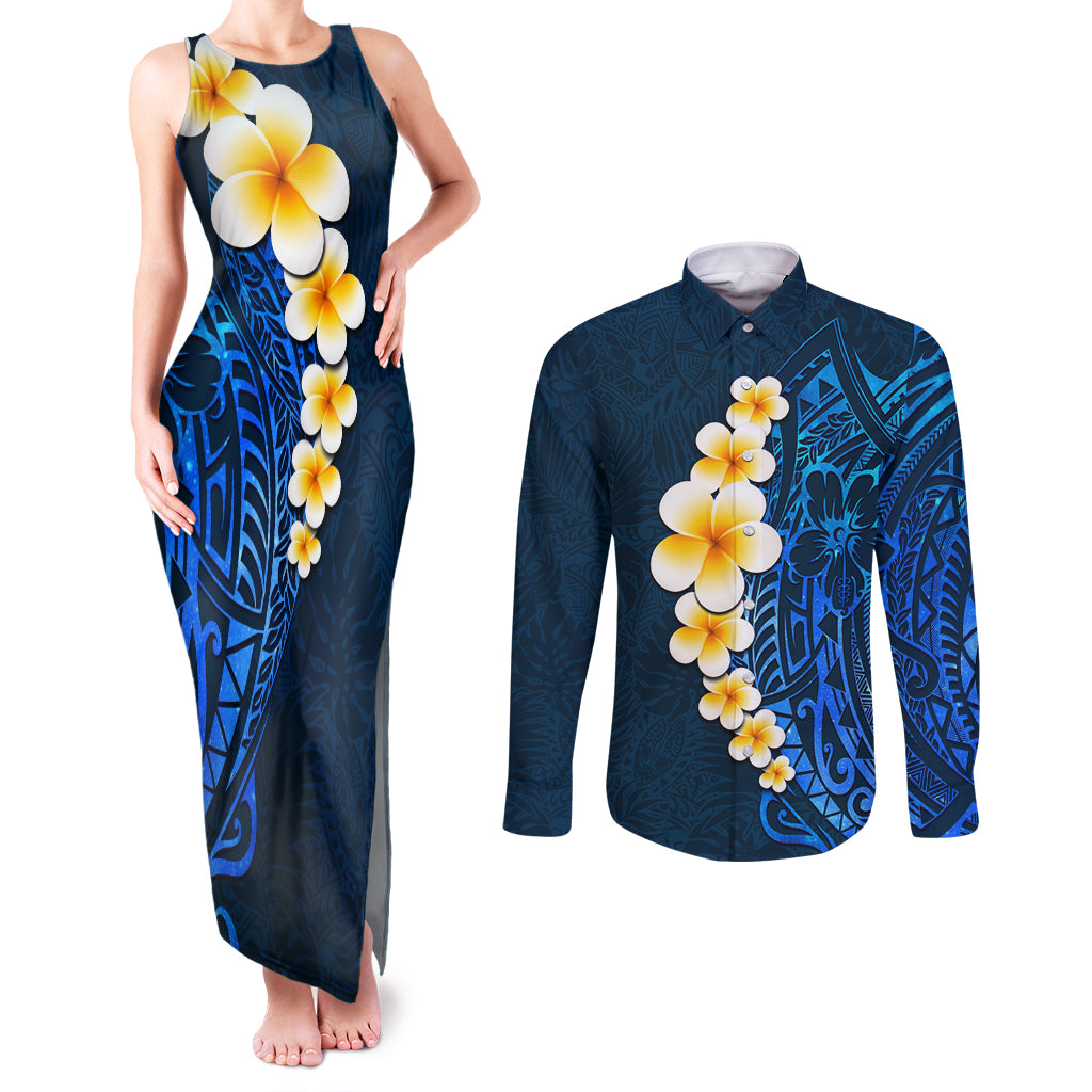 Blue Polynesia Couples Matching Tank Maxi Dress and Long Sleeve Button Shirt Plumeria Tropical Leaves With Galaxy Polynesian Art LT14 Blue - Polynesian Pride