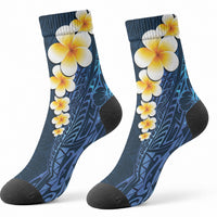 Blue Tropical Plumeria With Galaxy Polynesian Art Crew Socks LT14 - Polynesian Pride