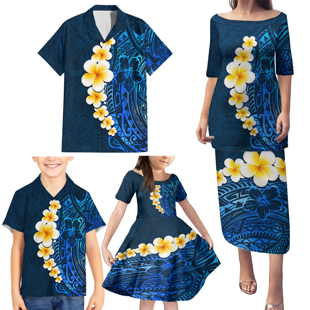 Blue Polynesia Family Matching Puletasi Dress and Hawaiian Shirt Plumeria Tropical Leaves With Galaxy Polynesian Art LT14 - Polynesian Pride