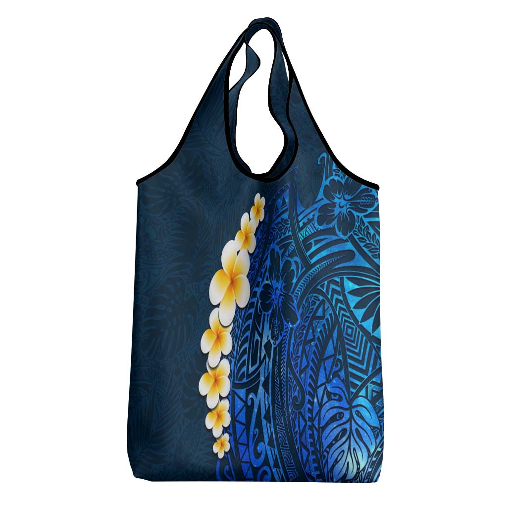 Blue Polynesia Grocery Bag Plumeria Tropical Leaves With Galaxy Polynesian Art
