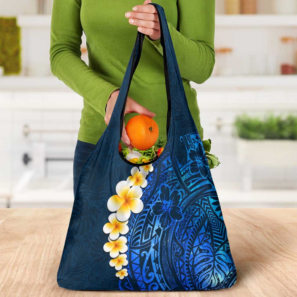 Blue Polynesia Grocery Bag Plumeria Tropical Leaves With Galaxy Polynesian Art