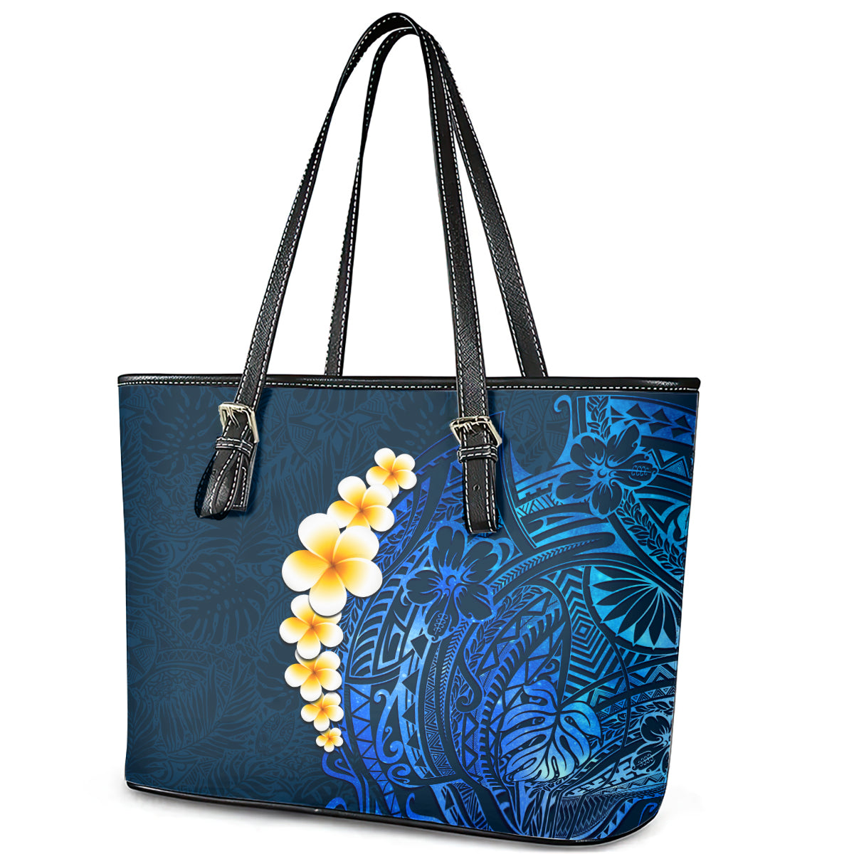Blue Polynesia Leather Tote Bag Plumeria Tropical Leaves With Galaxy Polynesian Art LT14 - Polynesian Pride