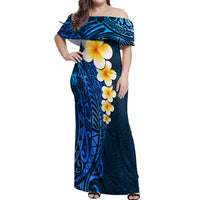 Blue Polynesia Off Shoulder Maxi Dress Plumeria Tropical Leaves With Galaxy Polynesian Art LT14 Women Blue - Polynesian Pride