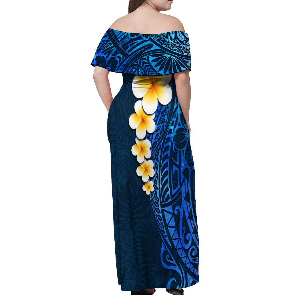 Blue Polynesia Off Shoulder Maxi Dress Plumeria Tropical Leaves With Galaxy Polynesian Art LT14 - Polynesian Pride