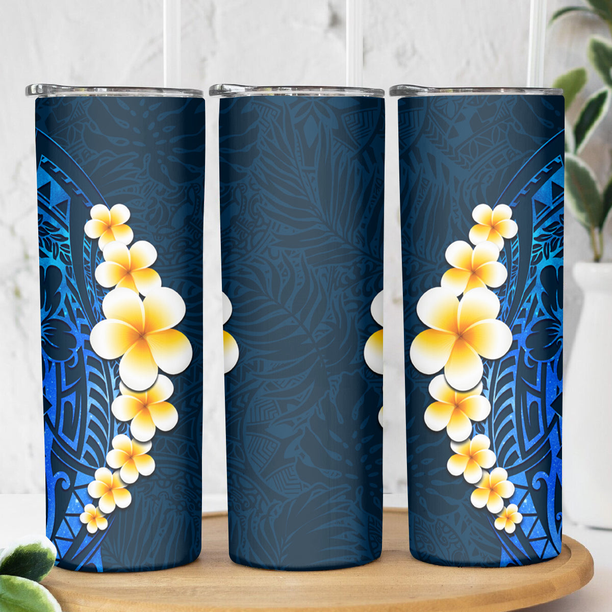 Blue Polynesia Skinny Tumbler Plumeria Tropical Leaves With Galaxy Polynesian Art