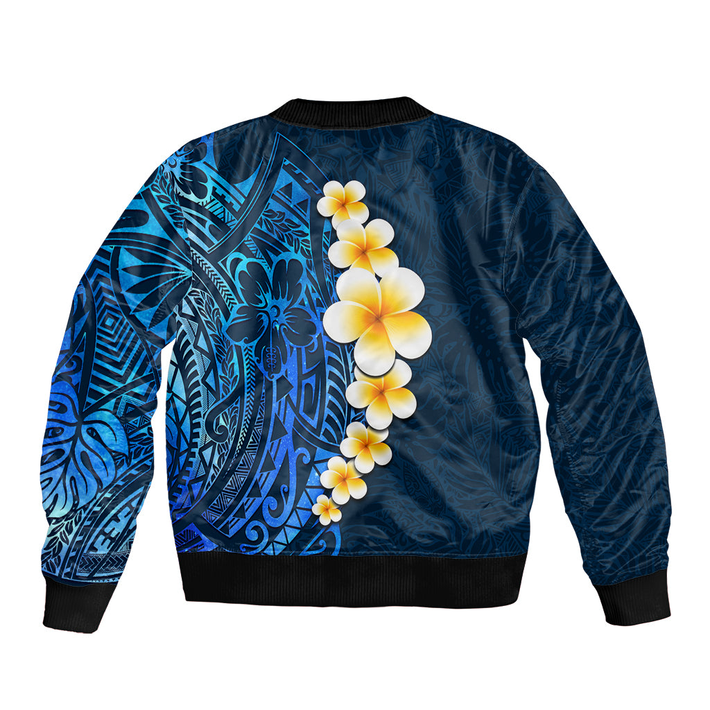 Blue Polynesia Sleeve Zip Bomber Jacket Plumeria Tropical Leaves With Galaxy Polynesian Art LT14 - Polynesian Pride