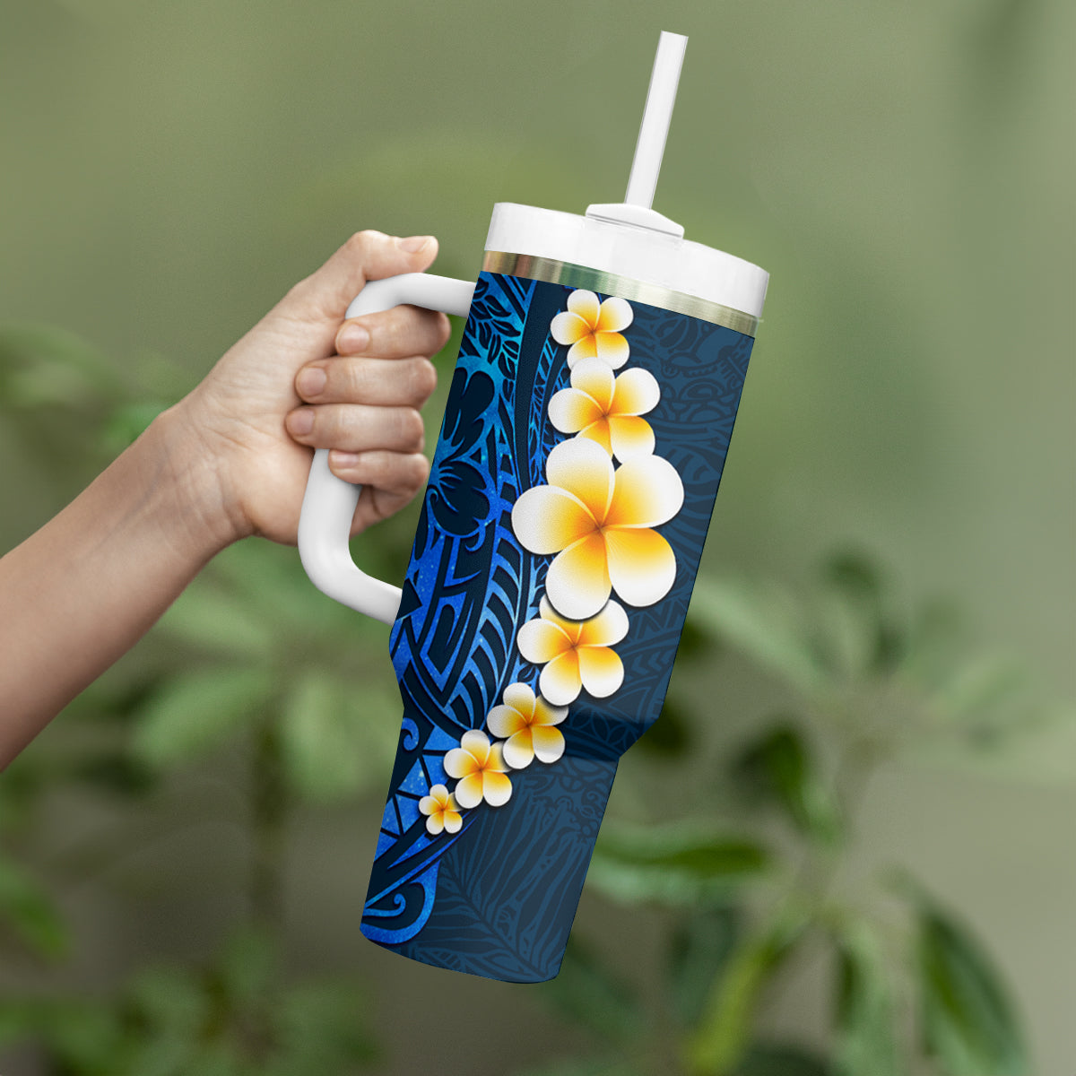 Blue Polynesia Tumbler With Handle Plumeria Tropical Leaves With Galaxy Polynesian Art