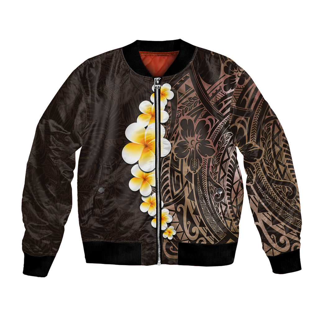 Brown Polynesia Bomber Jacket Plumeria Tropical Leaves With Galaxy Polynesian Art LT14 Unisex Brown - Polynesian Pride