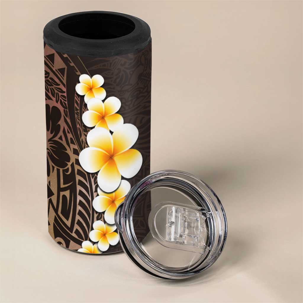 Brown Polynesia 4 in 1 Can Cooler Tumbler Plumeria Tropical Leaves With Galaxy Polynesian Art