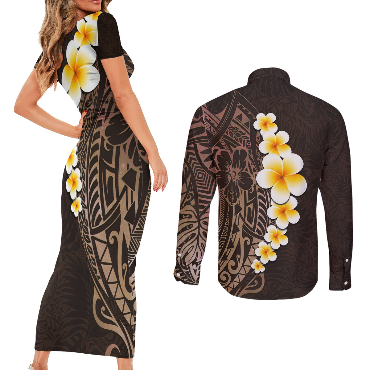 Brown Polynesia Couples Matching Short Sleeve Bodycon Dress and Long Sleeve Button Shirt Plumeria Tropical Leaves With Galaxy Polynesian Art LT14 - Polynesian Pride
