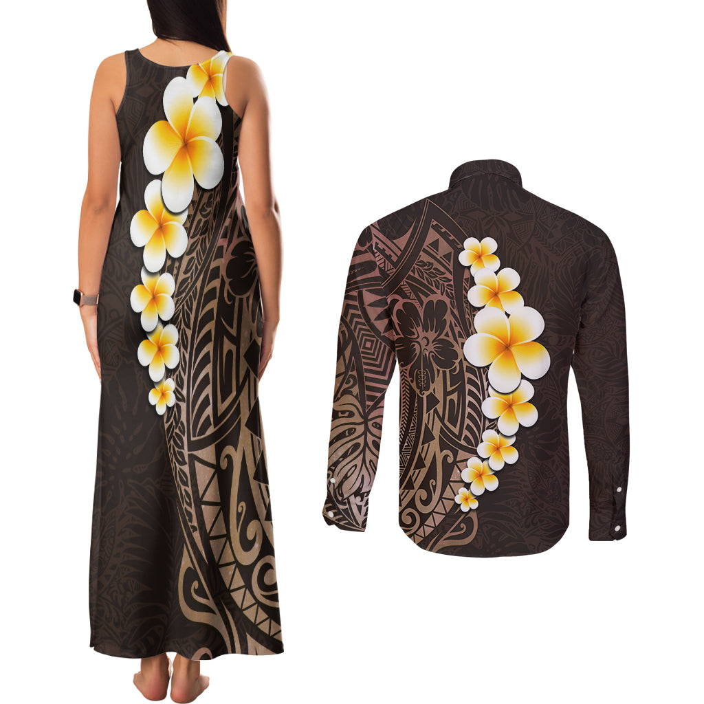 Brown Polynesia Couples Matching Tank Maxi Dress and Long Sleeve Button Shirt Plumeria Tropical Leaves With Galaxy Polynesian Art LT14 - Polynesian Pride