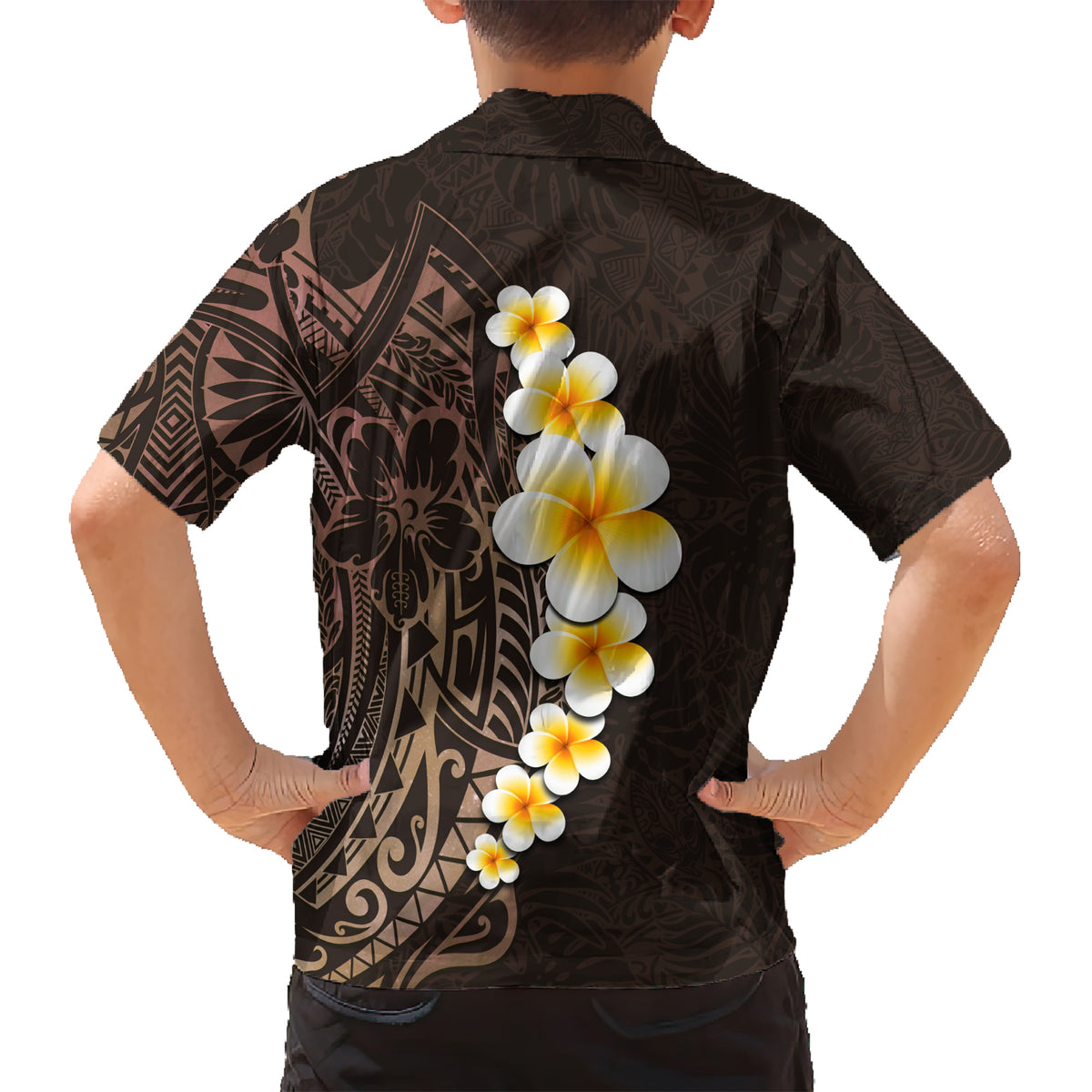 Brown Polynesia Family Matching Short Sleeve Bodycon Dress and Hawaiian Shirt Plumeria Tropical Leaves With Galaxy Polynesian Art LT14 - Polynesian Pride