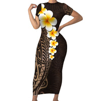 Brown Polynesia Family Matching Short Sleeve Bodycon Dress and Hawaiian Shirt Plumeria Tropical Leaves With Galaxy Polynesian Art LT14 Mom's Dress Brown - Polynesian Pride