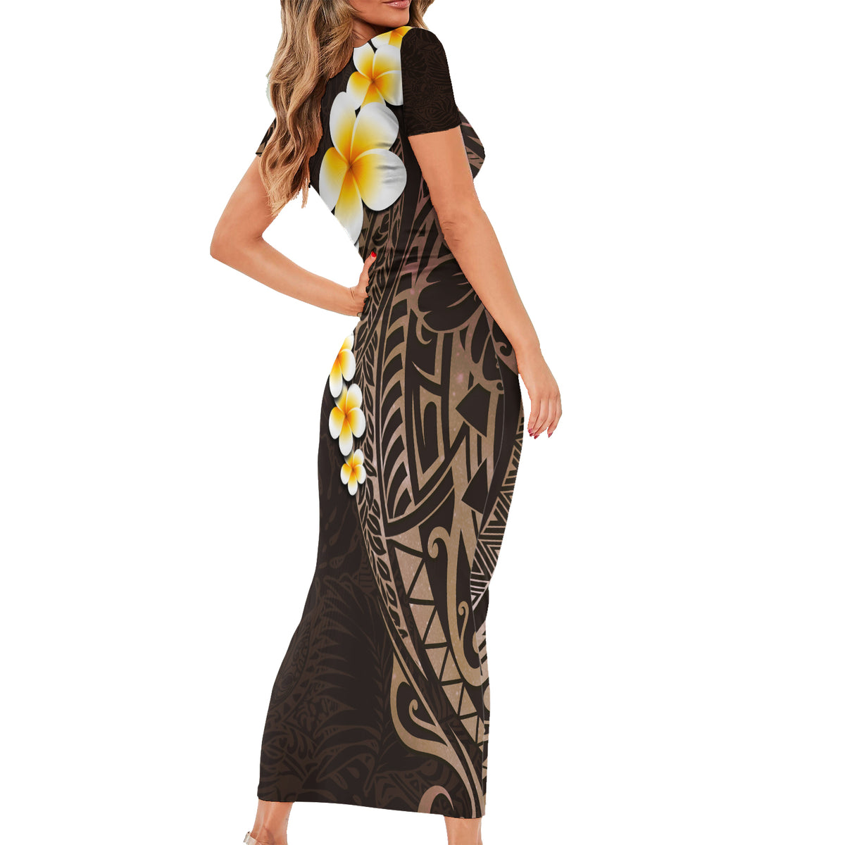 Brown Polynesia Family Matching Short Sleeve Bodycon Dress and Hawaiian Shirt Plumeria Tropical Leaves With Galaxy Polynesian Art LT14 - Polynesian Pride