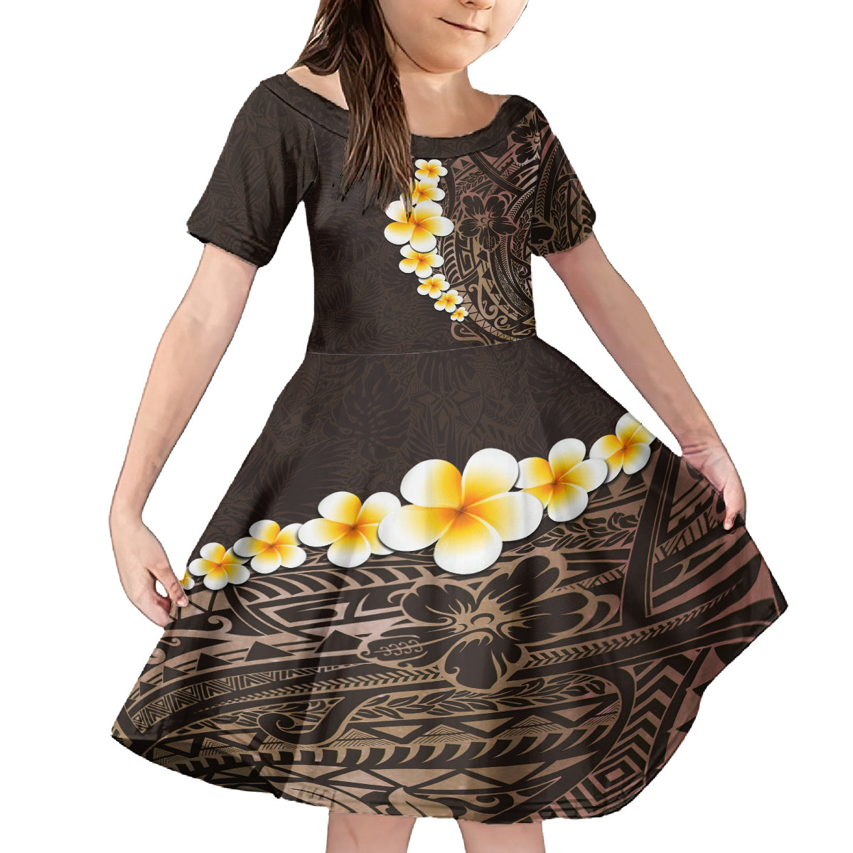 Brown Polynesia Family Matching Summer Maxi Dress and Hawaiian Shirt Plumeria Tropical Leaves With Galaxy Polynesian Art LT14 Daughter's Dress Brown - Polynesian Pride