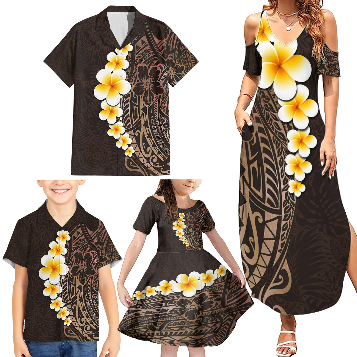 Brown Polynesia Family Matching Summer Maxi Dress and Hawaiian Shirt Plumeria Tropical Leaves With Galaxy Polynesian Art LT14 - Polynesian Pride