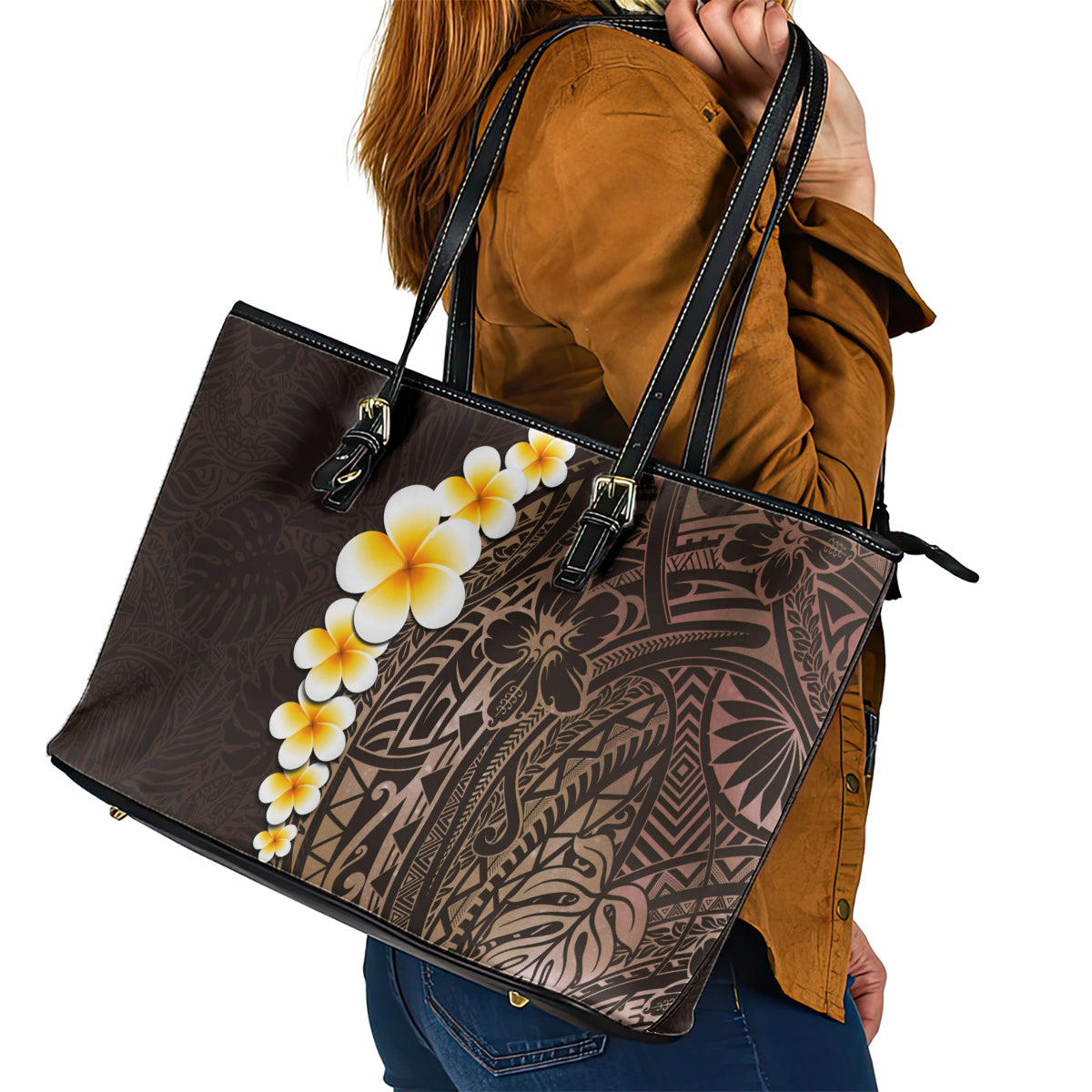 Brown Polynesia Leather Tote Bag Plumeria Tropical Leaves With Galaxy Polynesian Art LT14 - Polynesian Pride