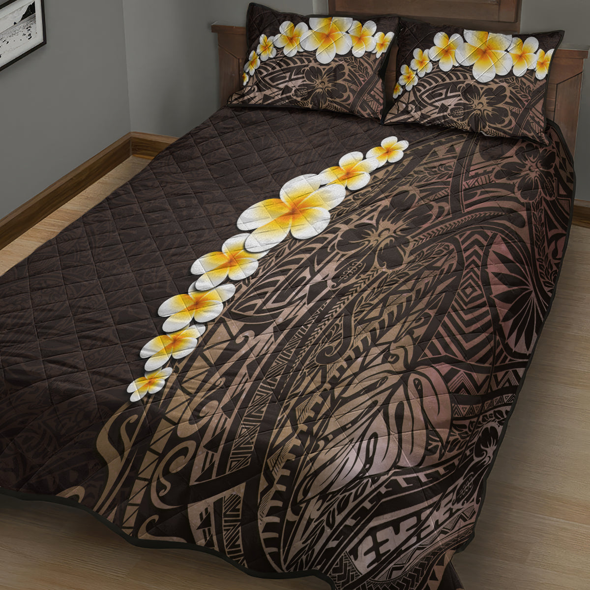 Brown Polynesia Quilt Bed Set Plumeria Tropical Leaves With Galaxy Polynesian Art LT14 - Polynesian Pride