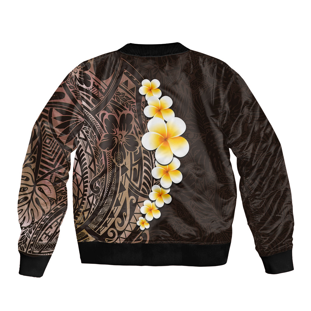 Brown Polynesia Sleeve Zip Bomber Jacket Plumeria Tropical Leaves With Galaxy Polynesian Art LT14 - Polynesian Pride
