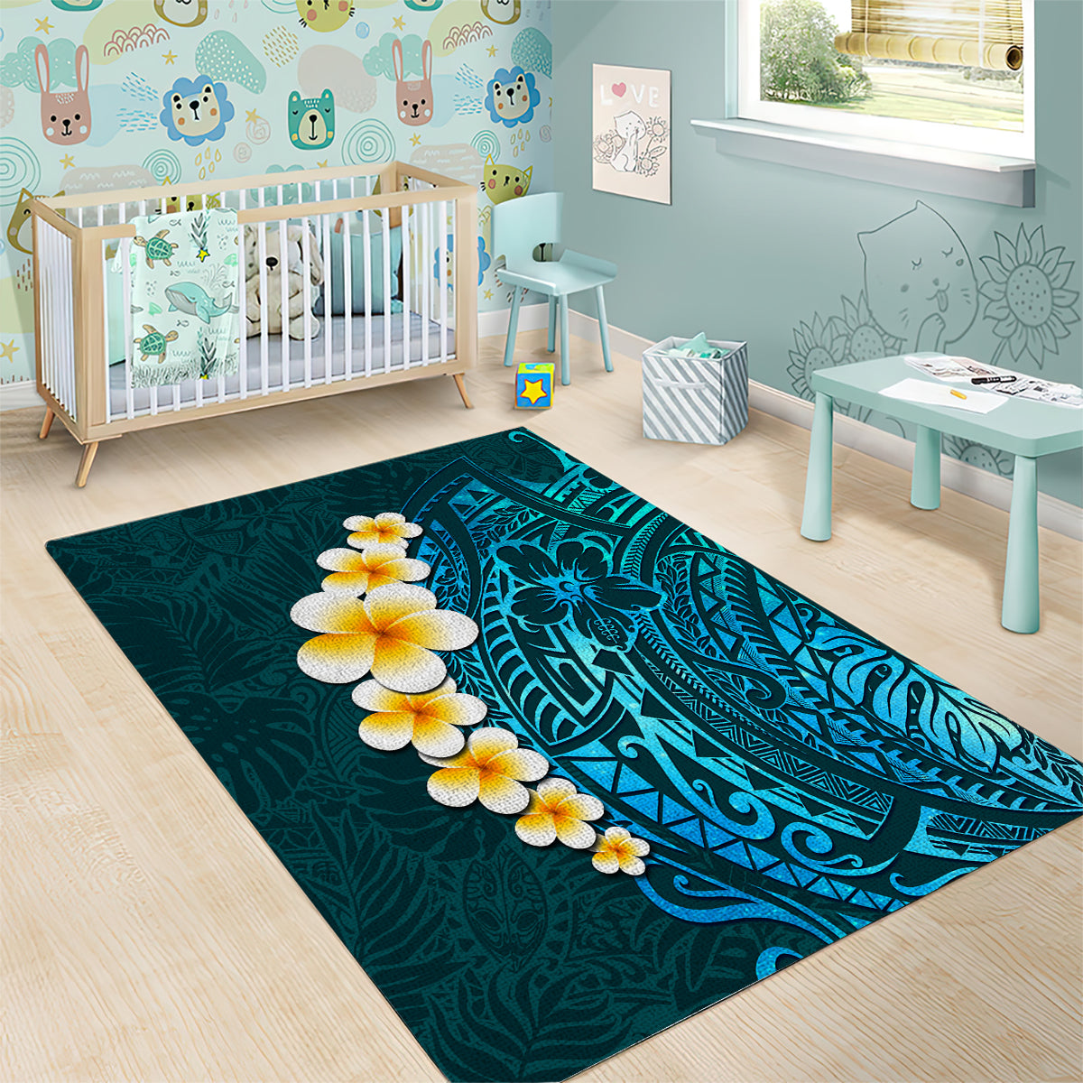 Turquosie Polynesia Area Rug Plumeria Tropical Leaves With Galaxy Polynesian Art LT14 - Polynesian Pride