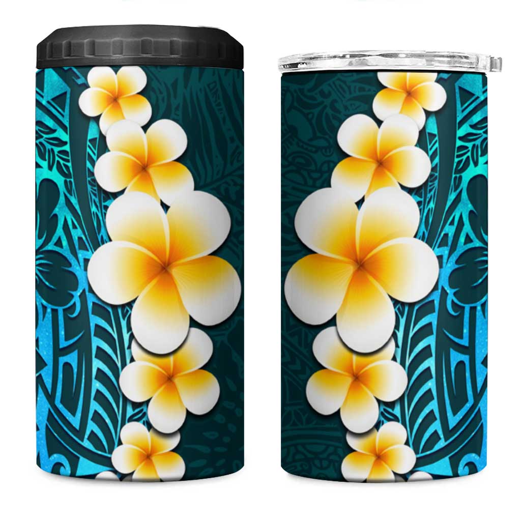 Turquosie Polynesia 4 in 1 Can Cooler Tumbler Plumeria Tropical Leaves With Galaxy Polynesian Art