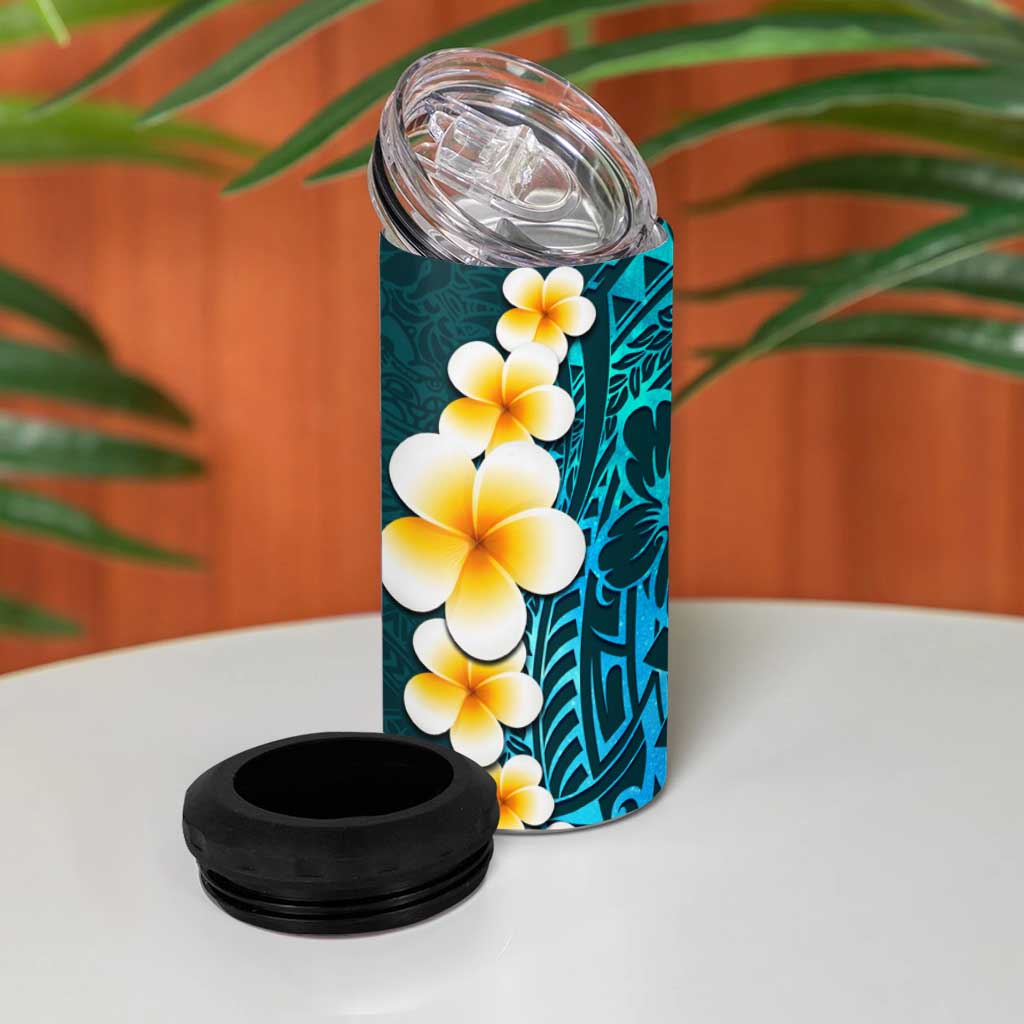 Turquosie Polynesia 4 in 1 Can Cooler Tumbler Plumeria Tropical Leaves With Galaxy Polynesian Art