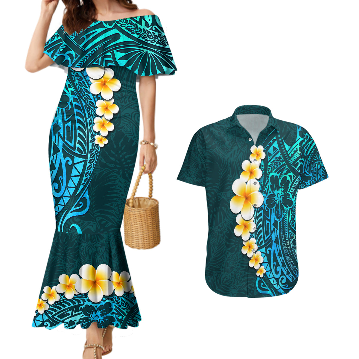 Turquosie Polynesia Couples Matching Mermaid Dress and Hawaiian Shirt Plumeria Tropical Leaves With Galaxy Polynesian Art LT14 Turquoise - Polynesian Pride