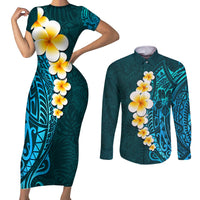 Turquosie Polynesia Couples Matching Short Sleeve Bodycon Dress and Long Sleeve Button Shirt Plumeria Tropical Leaves With Galaxy Polynesian Art LT14 Turquoise - Polynesian Pride