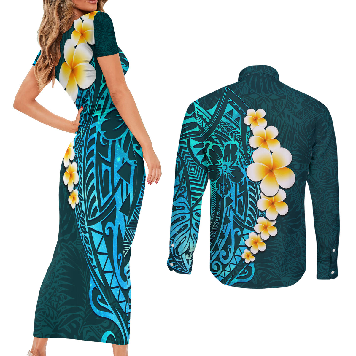 Turquosie Polynesia Couples Matching Short Sleeve Bodycon Dress and Long Sleeve Button Shirt Plumeria Tropical Leaves With Galaxy Polynesian Art LT14 - Polynesian Pride