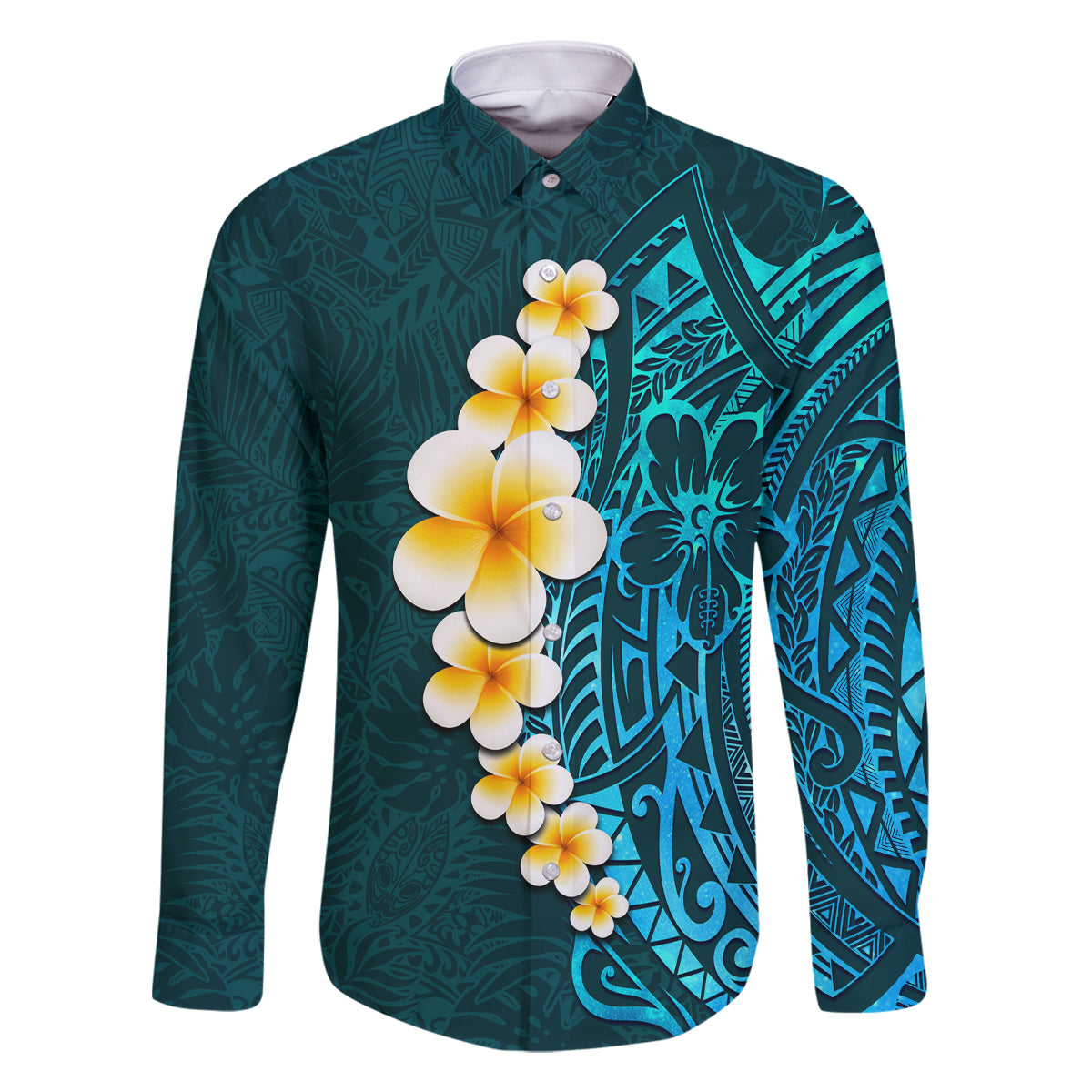 Turquosie Polynesia Family Matching Tank Maxi Dress and Hawaiian Shirt Plumeria Tropical Leaves With Galaxy Polynesian Art LT14 Dad's Shirt - Long Sleeve Turquoise - Polynesian Pride