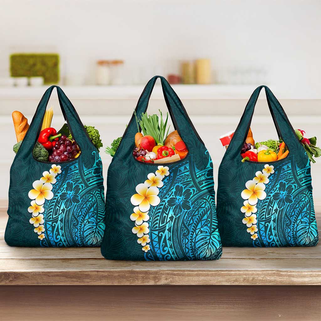 Turquosie Polynesia Grocery Bag Plumeria Tropical Leaves With Galaxy Polynesian Art