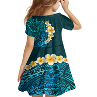 Turquosie Polynesia Kid Short Sleeve Dress Plumeria Tropical Leaves With Galaxy Polynesian Art LT14 - Polynesian Pride