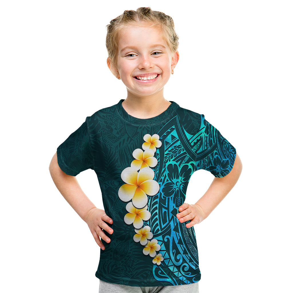 Turquosie Polynesia Kid T Shirt Plumeria Tropical Leaves With Galaxy Polynesian Art LT14 Turquoise - Polynesian Pride