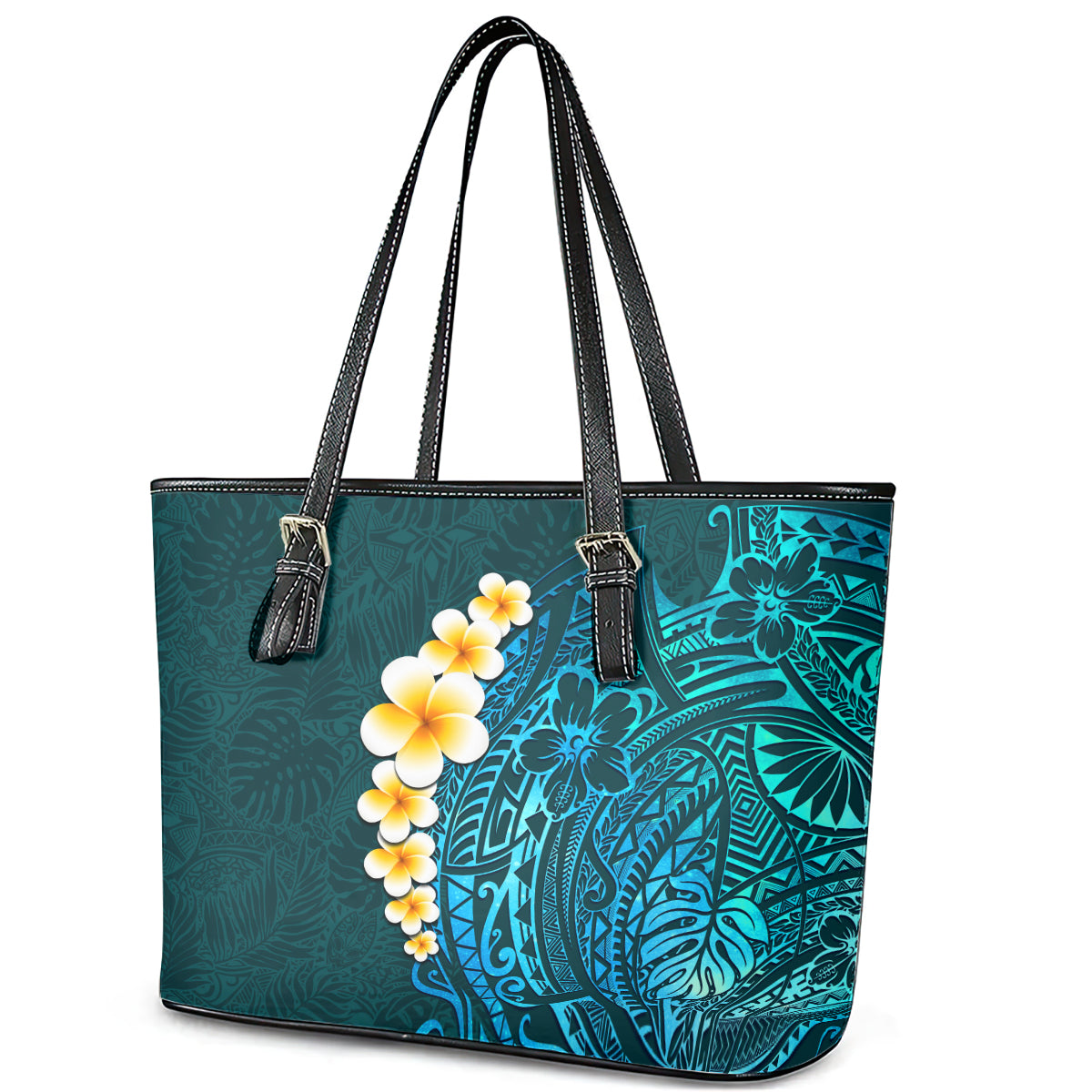 Turquosie Polynesia Leather Tote Bag Plumeria Tropical Leaves With Galaxy Polynesian Art LT14 - Polynesian Pride